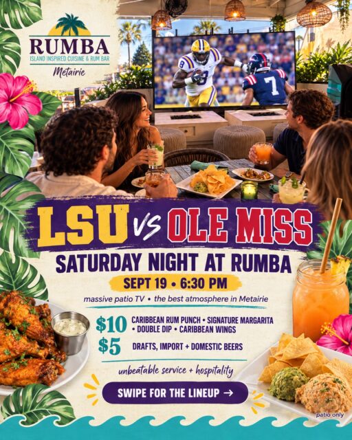 Saturday night belongs on the patio. ๐๐ด
LSU takes on Ole Miss in a Top 10 showdown, and weโre showing every play on the big screen at RUMBA Metairie. Kickoff is at 6:30 PM, but the game-day lineup starts with the first round.
Sip on $10 Caribbean Rum Punches and RUMBAโs Signature Margaritas, dig into $10 Double Dip and Caribbean Wings, or keep it classic with $5 drafts and import/domestic beers.
Big game. Massive patio screen. The best game-day atmosphere in Metairie, served with the RUMBA hospitality you know and love.
Saturday plans = RUMBA. ๐ด
Game-day specials available during LSU and Saints games on the patio.
#LSUvsOleMiss #GeauxTigers #LSUFootball #SECFootball #Metairie