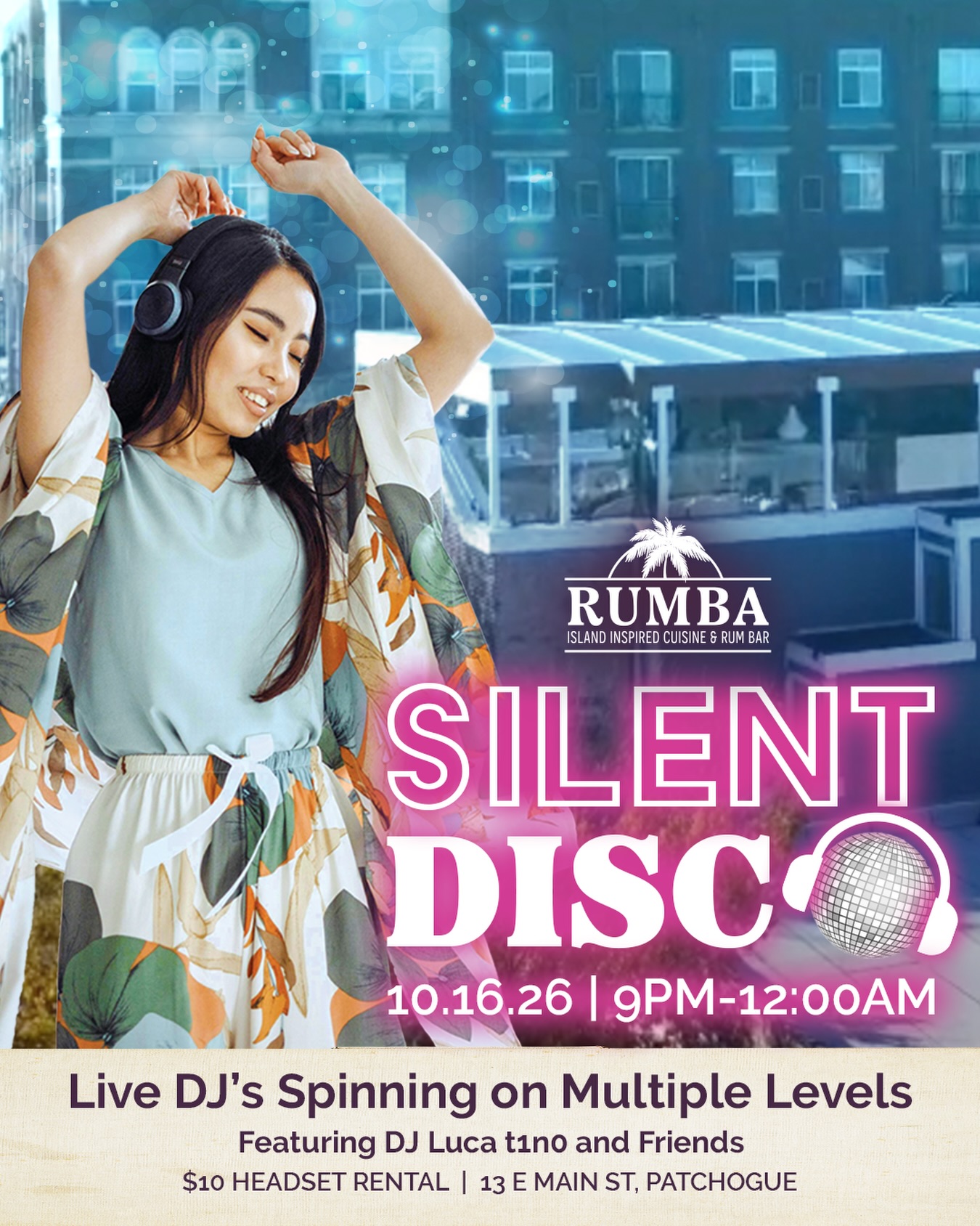 Imagine a room full of people dancing together... while half of them are listening to a completely different song. 🎧😂
Welcome to Silent Disco at RUMBA Patchogue.
On October 16, grab a headset, choose from multiple channels, switch whenever your mood does, and dance like everyone is listening to your song.
Spoiler: they probably aren’t.
Headsets are $10 at the door. 

🎟️RSVP now (link in bio)

Come early for RUMBA favorites and cocktails. Stay until your group chat has enough dance-floor evidence to last the rest of the year.

#RUMBAPatchogue #SilentDisco #PatchogueNightlife #LongIslandEvents #TasteRUMBA
