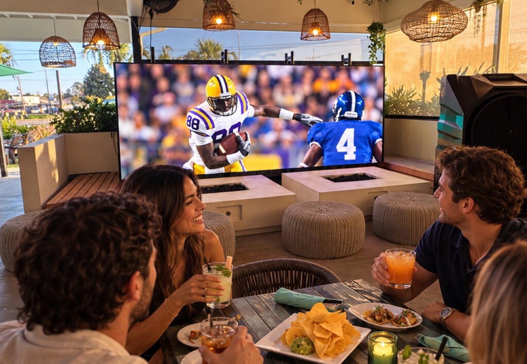 Guests sitting outside on RUMBA Metairie's Patio and enjoying the LSU football game.